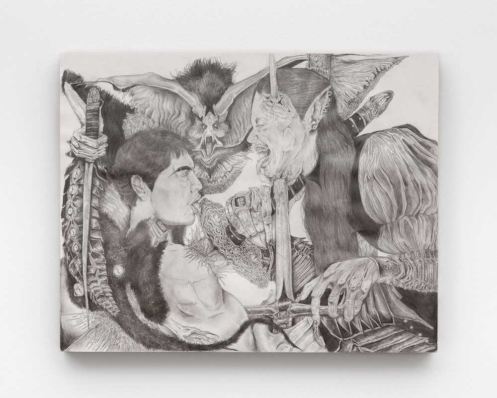 <i>Whispered Suggestions</i>, 2024. Pen and ink on paper mounted on board, 19 x 24 in (48.3 x 61 cm)
